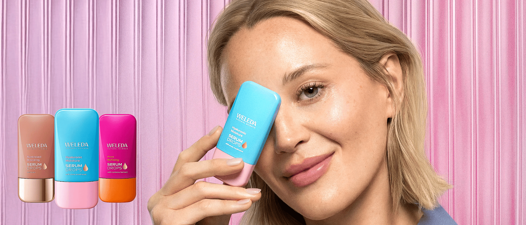 Bild på booster drops serum och en kvinna som smörjer in ansiktet