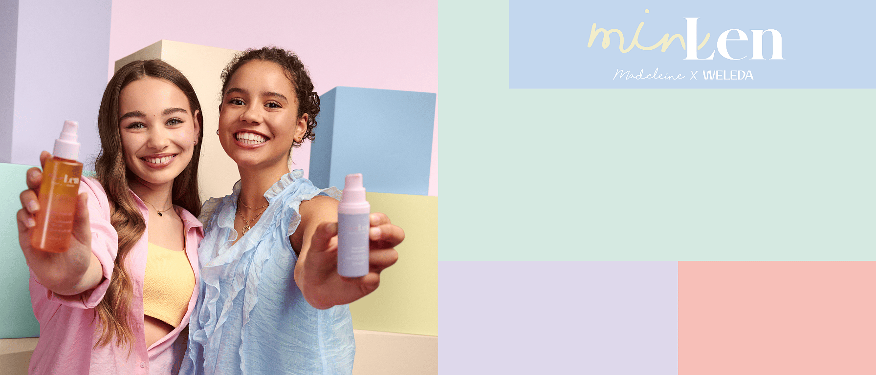 två tjejjer håller i minLen produkter