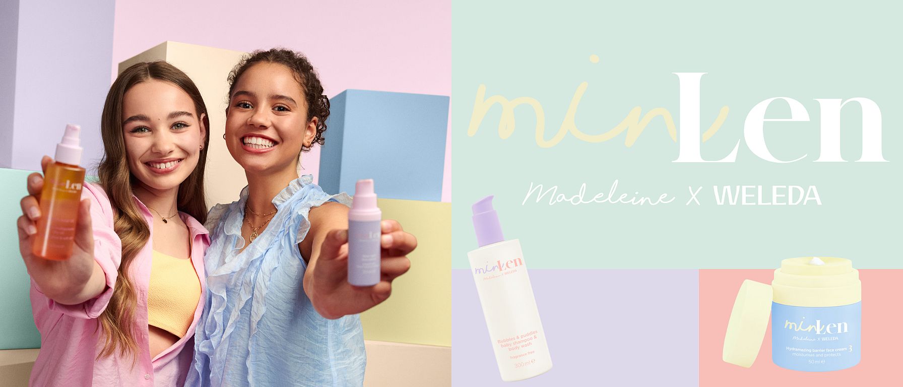 två tjejjer håller i minLen produkter