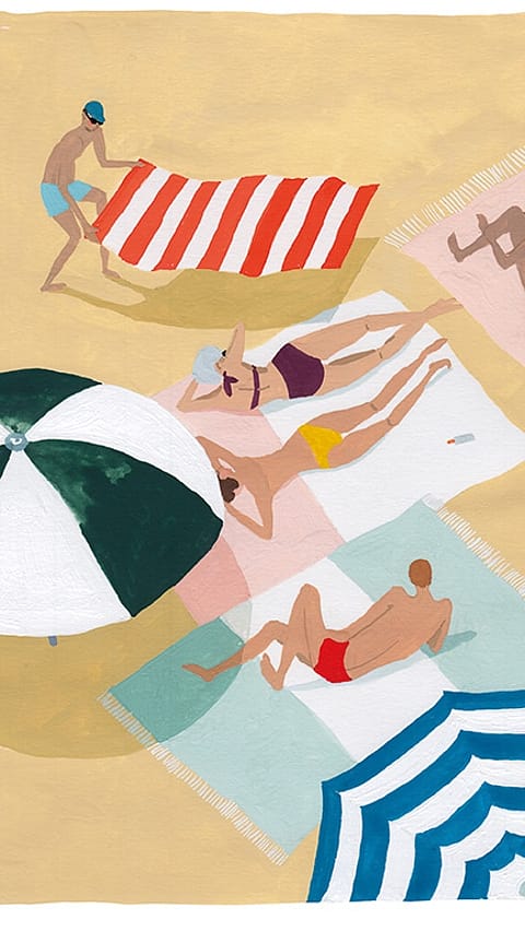Illustrerad bild uppifrån på folk på stranden