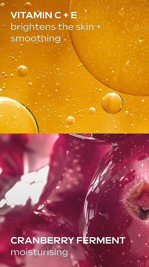 närbild på ingredienser , vitamin c + e och körsbärs extrakt