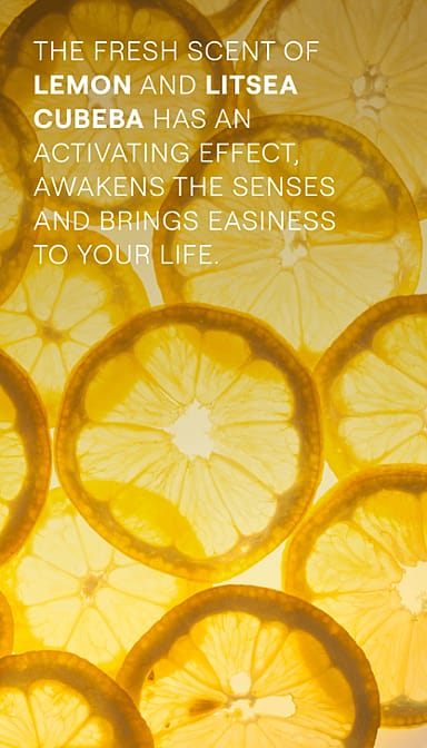 Lemon slices. The fresh scent of lemon and litsea cubeba has an activating effect, awakens the senses and brings easiness to your life.